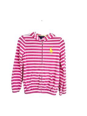 POLO Ralph Lauren pink white stripe big pony terry cloth hoodie L 12-14